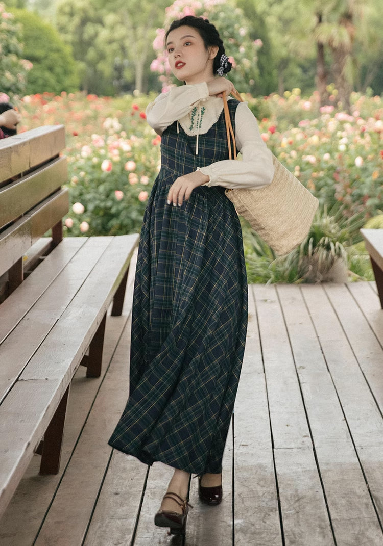 Pine Plaid Twofer Midi Dress (Teal/White)
