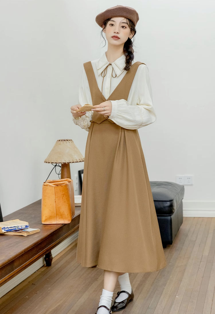 Basic Woven Vest Pinafore Dress / Blouse (2 Colors)
