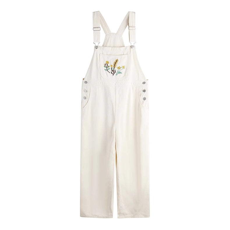 Wildflower Embroidered Overalls (White)