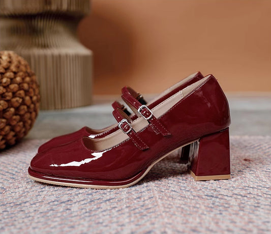Classic Double Strap Mary Jane Shoes (Red)
