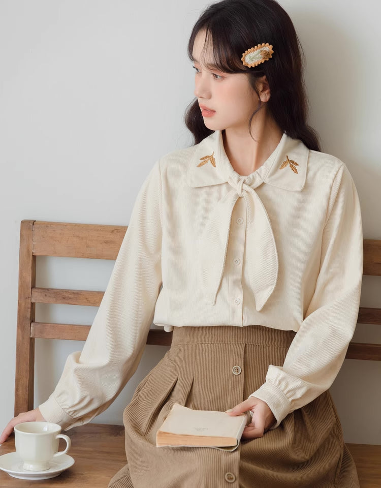 Leafy Corduroy Tie-Neck Blouse (Cream)