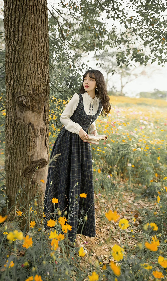 Pine Plaid Twofer Midi Dress (Teal/White)