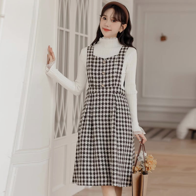 Gingham Tweed Pinafore Dress (Black Brown)