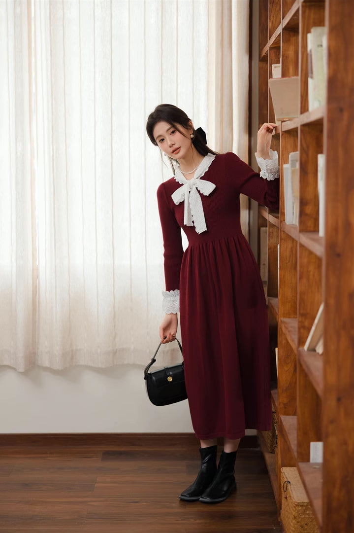 Lace Trim Sweater Midi Dress (2 Colors)