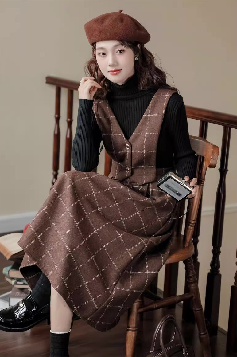 Plaid Vest Pinafore Dress (3 Colors)