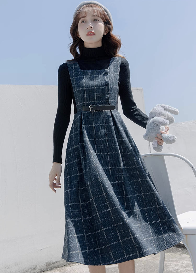 Belted Plaid Pinafore Dress (3 Colors)