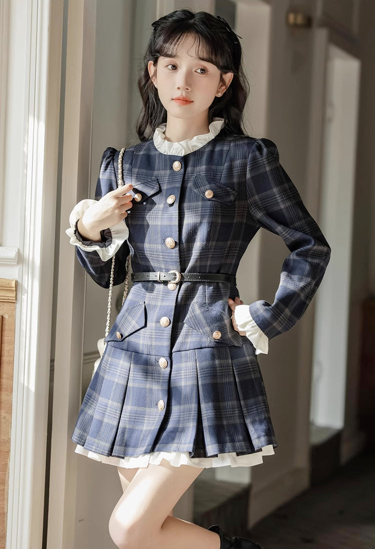 Academia Plaid Button Mini Dress (Navy)
