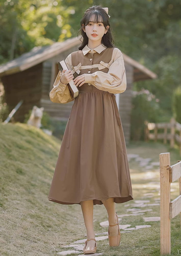 Cocoa Bows Twofer Midi Dress (Brown)