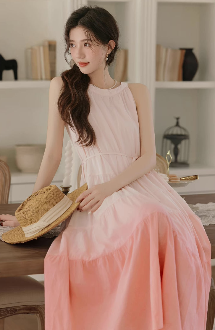 Ombre Halter Trapeze Midi Dress (Pink)
