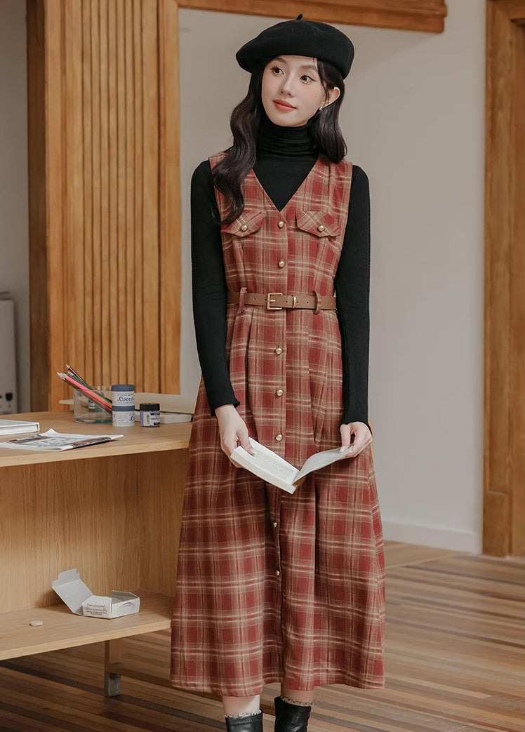 Ginger Plaid Pinafore Midi Dress (2 Colors)