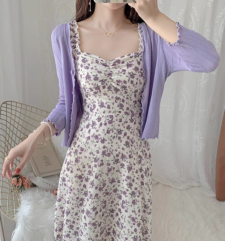 Enchanted Floral Midi Dress (White/Purple)