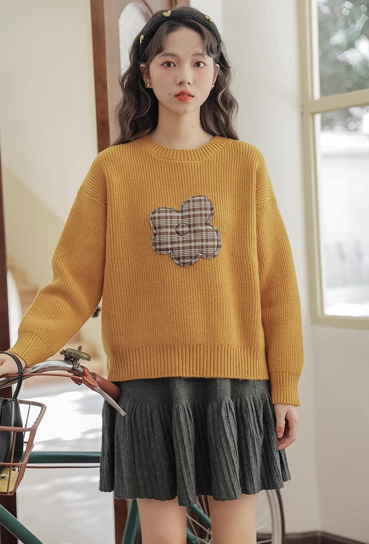 Plaid Flower Sweater (Mustard)