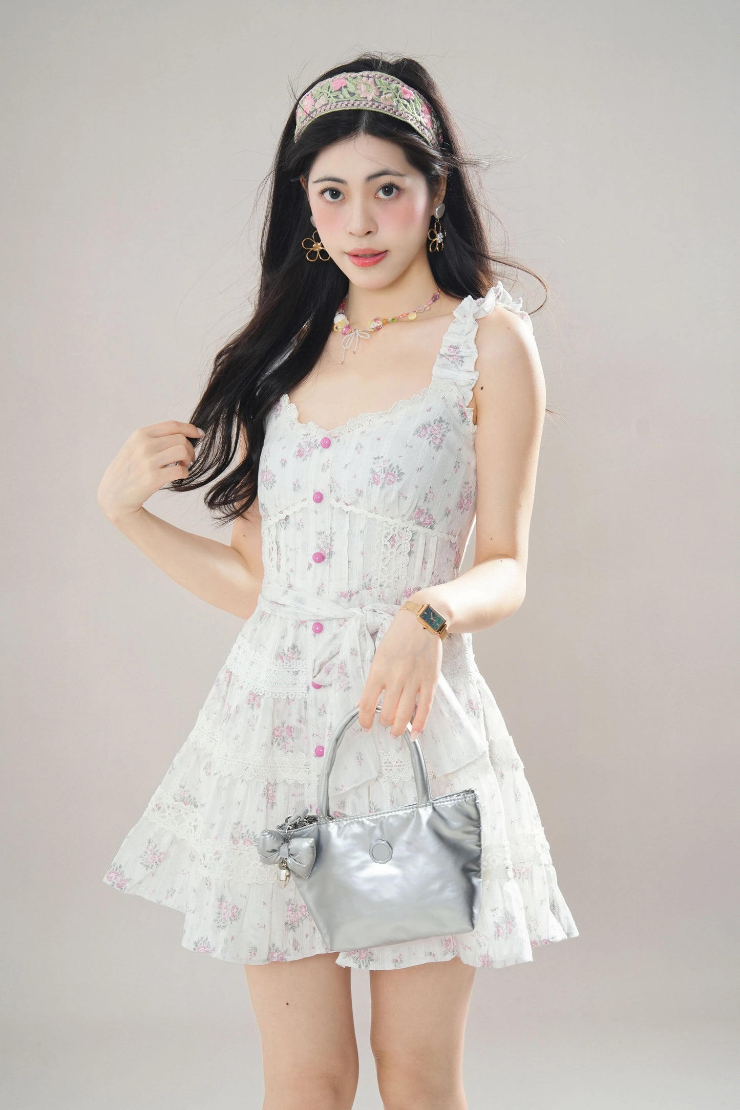 Rose Lace Tiered Mini Dress (White)