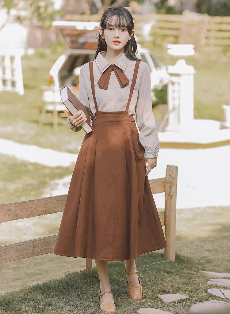 Corduroy Suede Suspender Skirt / Blouse (Brown)