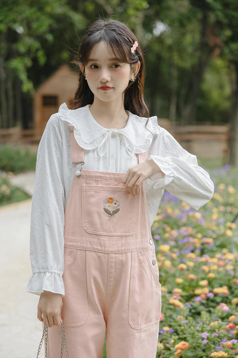 Flower Bouquet Embroidered Overalls (Pink)