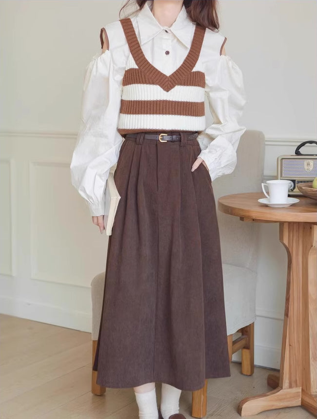 Belted Corduroy Midi Skirt (3 Colors)
