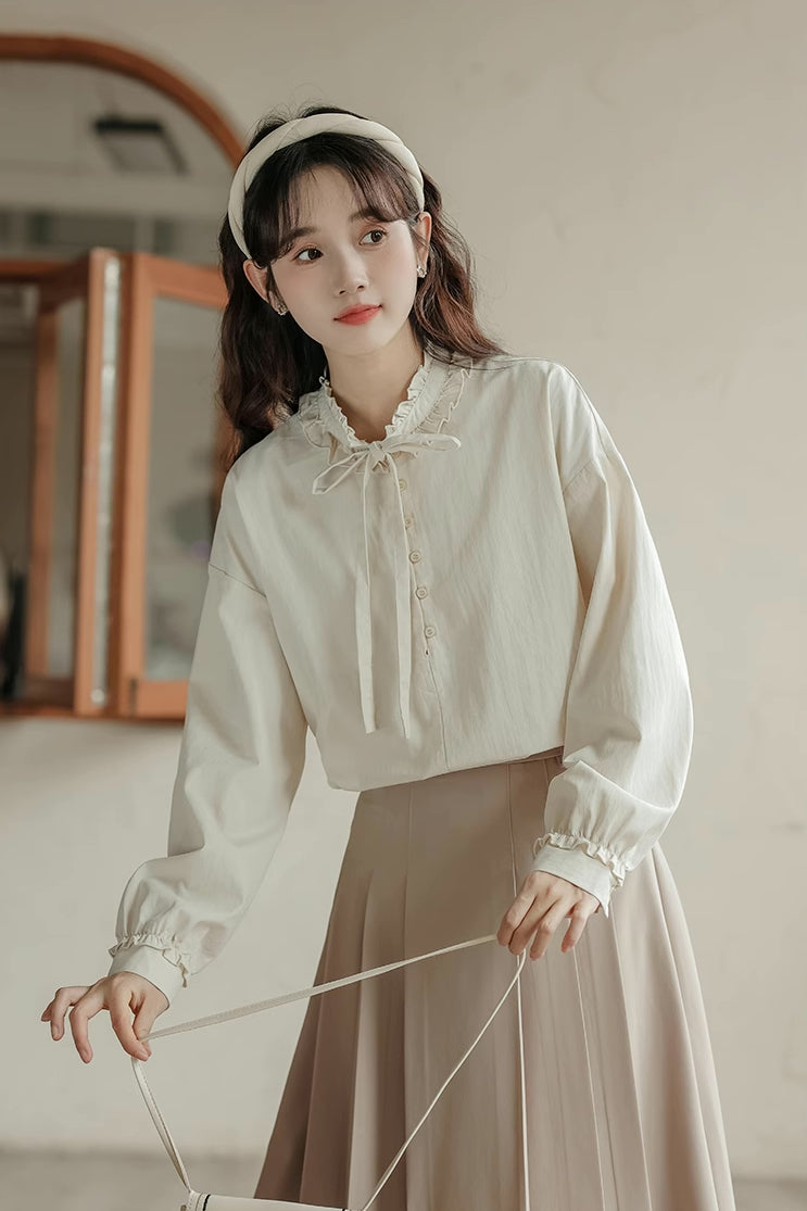 Ruffle Tie Blouse (Beige)