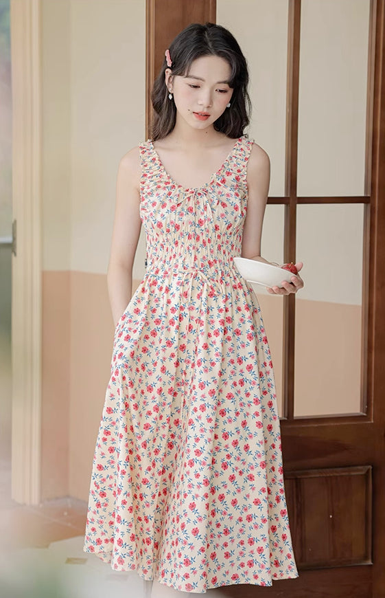 Camellia Smocked Midi Dress (Cream/Red)