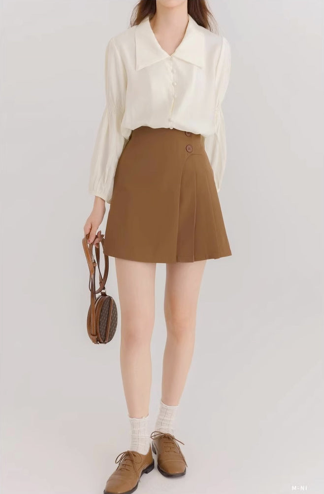 Half Pleated Mini Skirt (Brown)