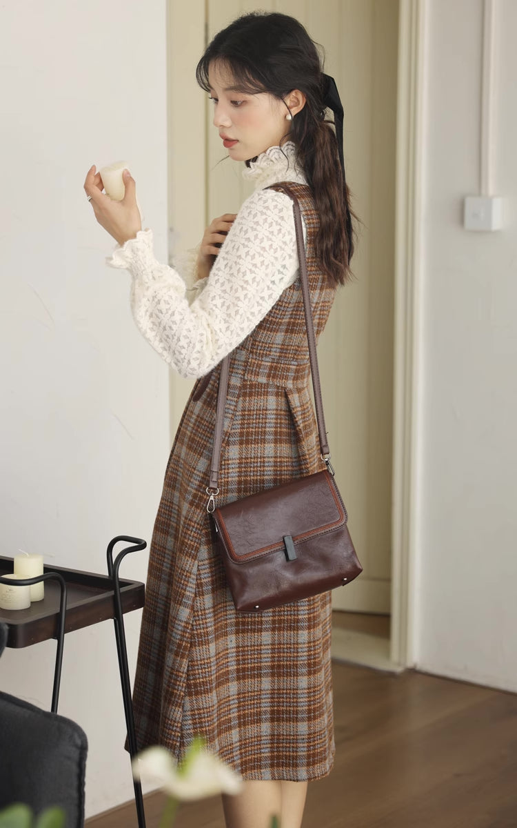 Sunset Plaid Pinafore Midi Dress (Brown)