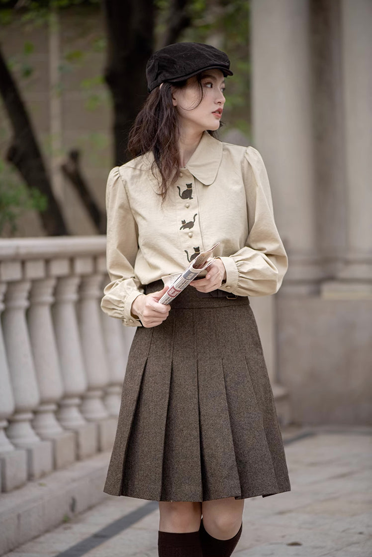Black Cat Embroidered Blouse (Khaki)