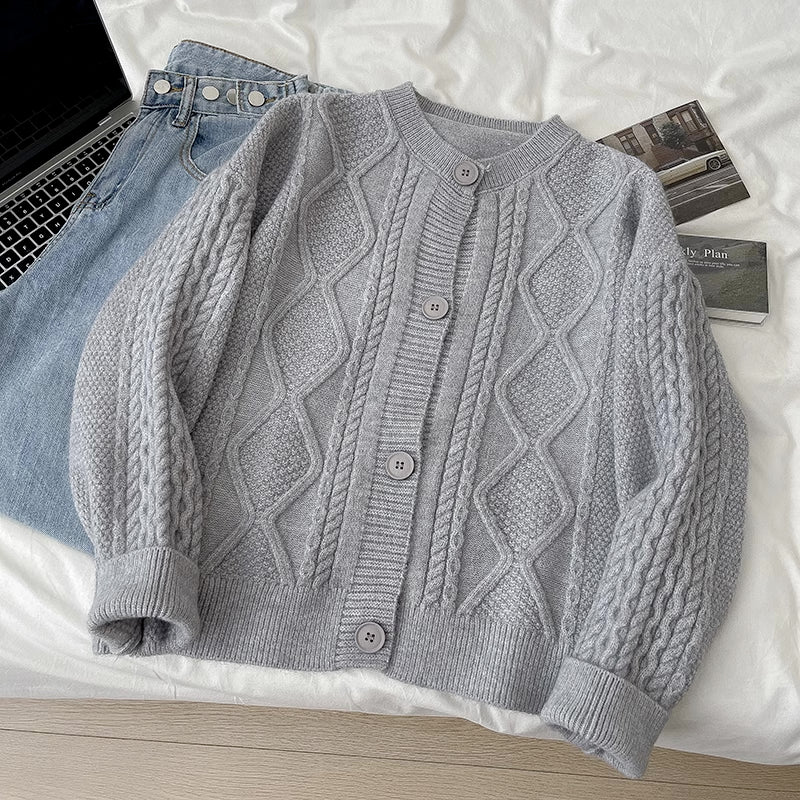 Cable Knit Round Neck Cardigan (7 Colors)