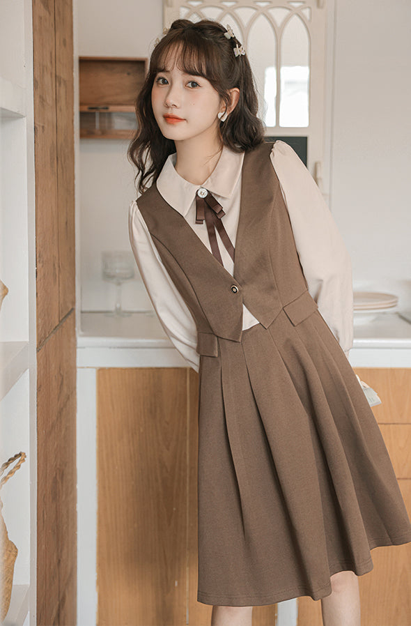 Journalist Waist Coat Dress (Brown)