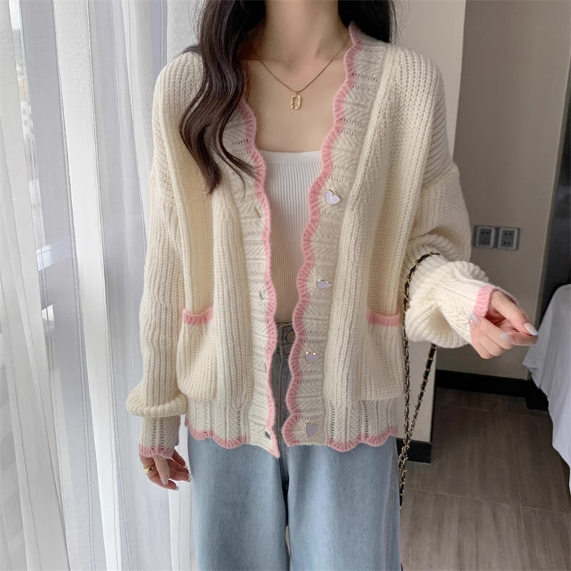 Sweet Heart Scallop Trim Cardigan (2 Colors)