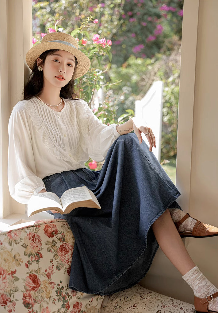 Pleated Denim Midi Skirt (3 Colors)