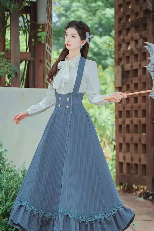 Evergarden Stripe Suspender Skirt & Blouse (Blue)