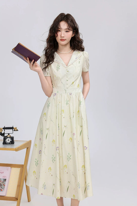 Dried Flowers Midi Shirt Dress (Cream)