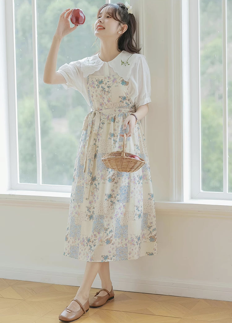 Ditsy Floral Patchwork Apron Dress (White)