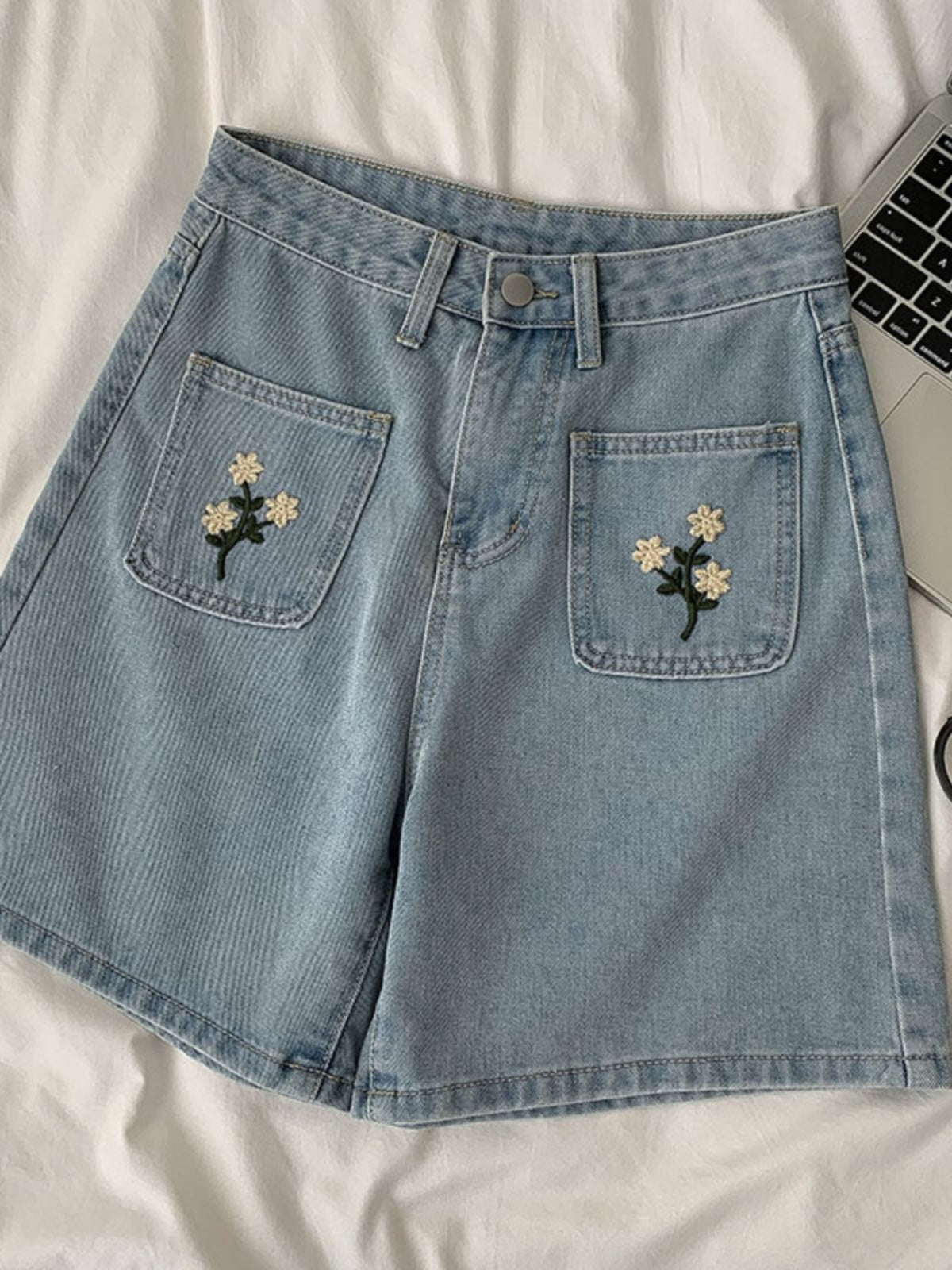 Posy Pockets Embroidered Shorts (Light Denim)