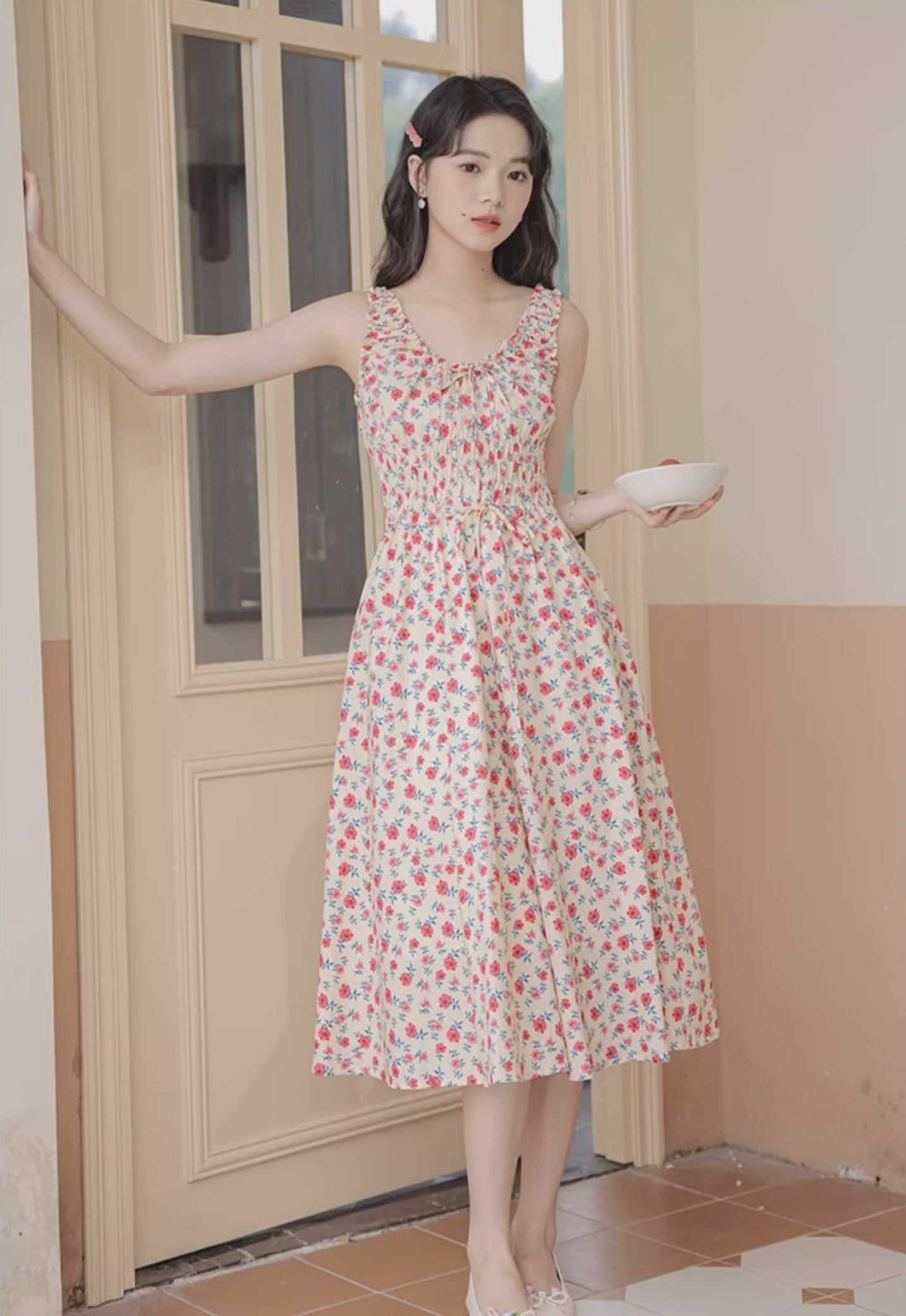 Camellia Smocked Midi Dress (Cream/Red)
