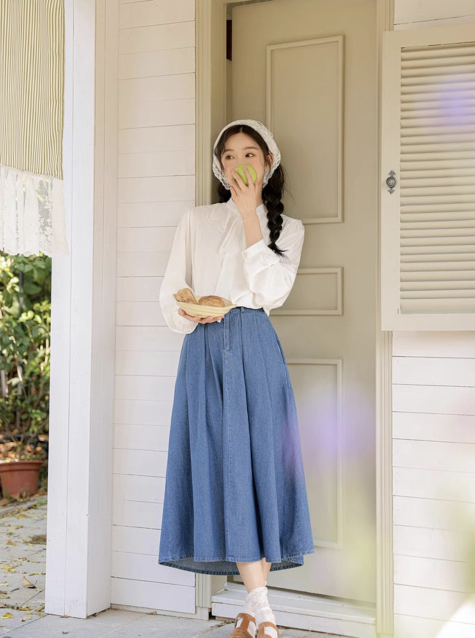 Pleated Denim Midi Skirt (3 Colors)