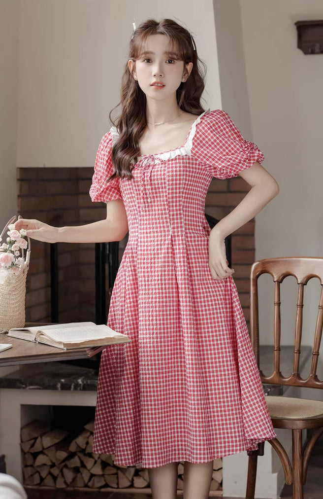 Plaid Puff Sleeve Midi Dress (Red)