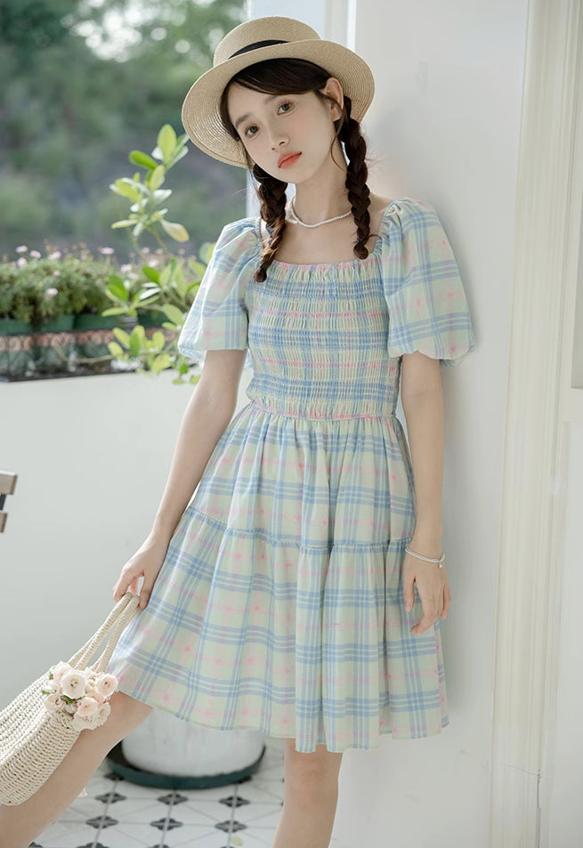Sorbet Plaid Puff Sleeve Dress (Blue/Green)