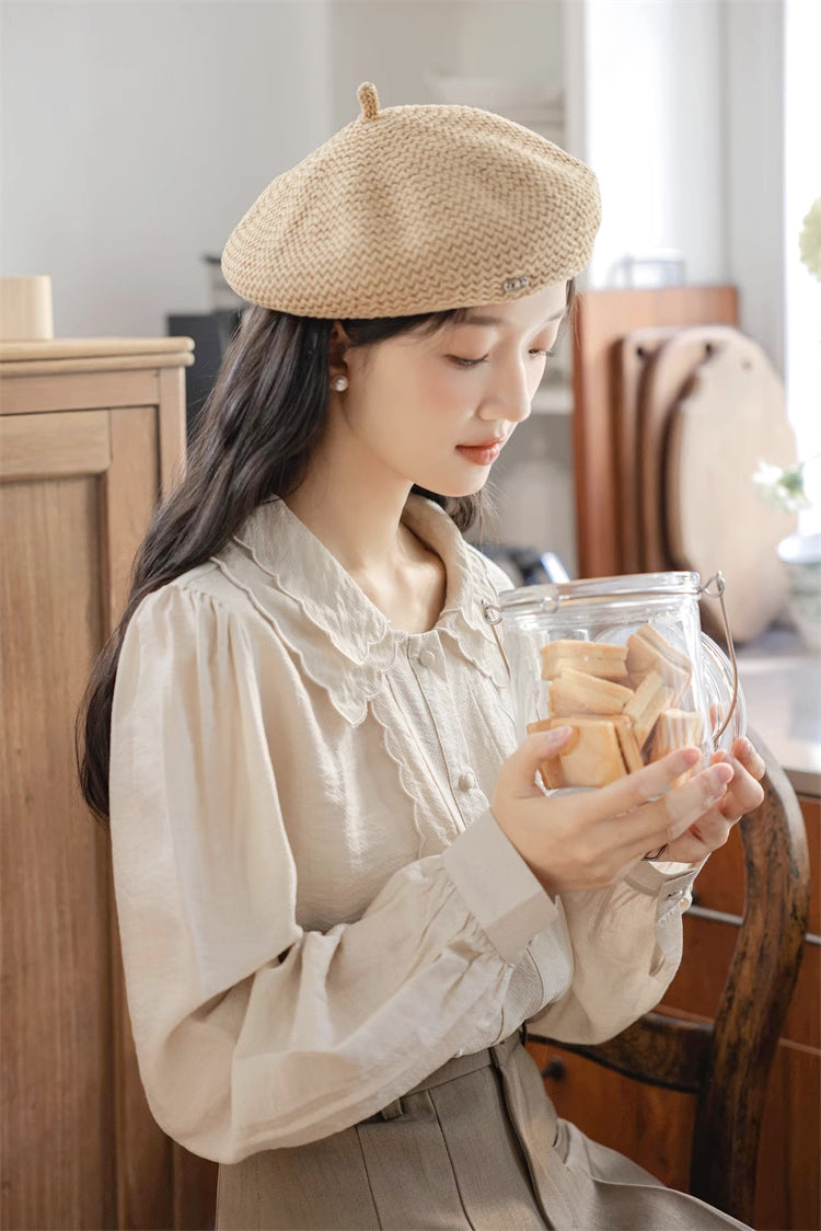 Scallop Trim Blouse (Light Khaki)