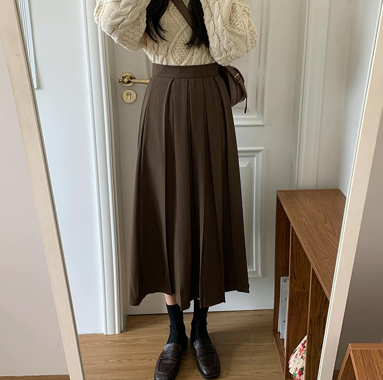Woven Pleated Midi Skirt (2 Colors)
