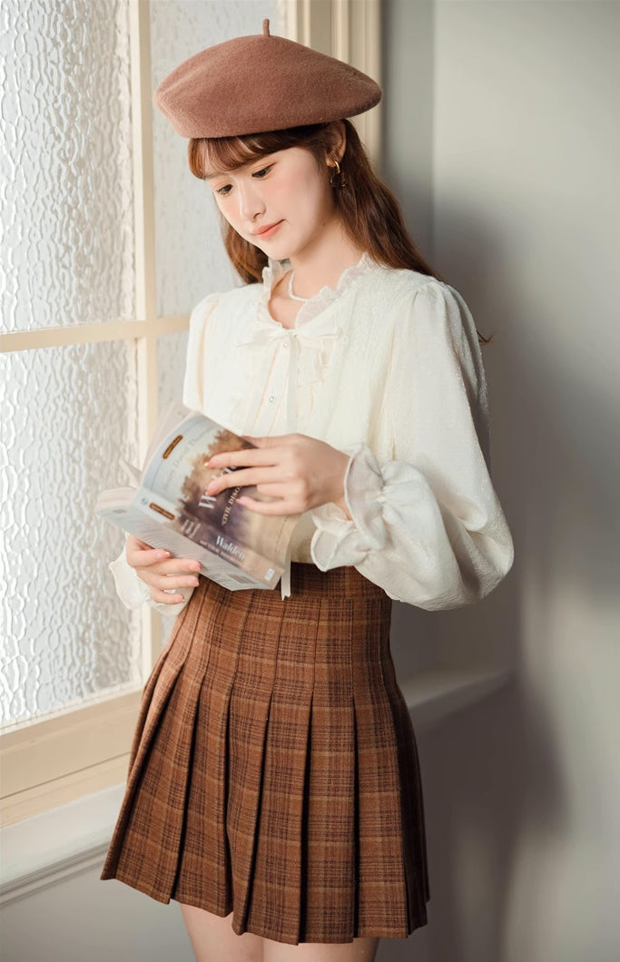Ruffle Trim Tie Neck Blouse (Cream)