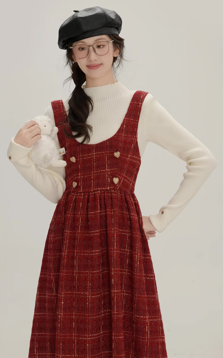 Sweet Apple Pie Plaid Pinafore Dress (Red)