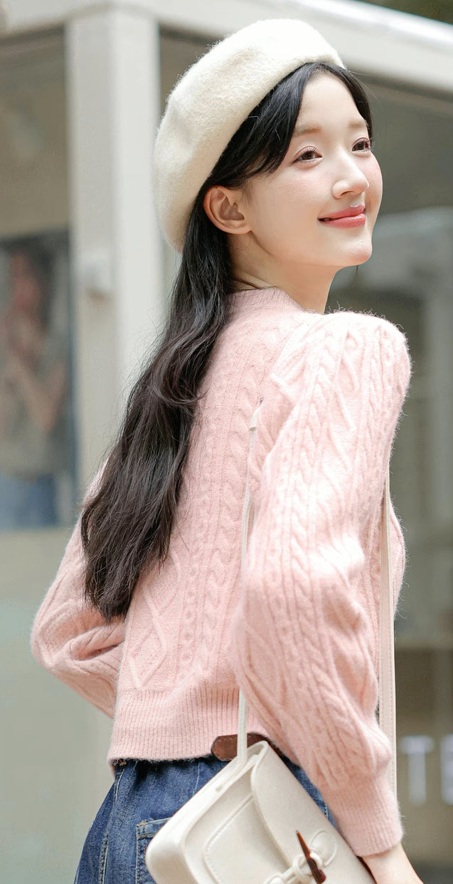 Round Neck Cable Knit Cardigan (9 Colors)