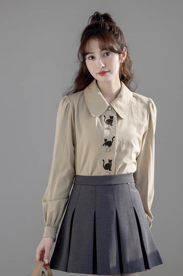 Black Cat Embroidered Blouse (Khaki)