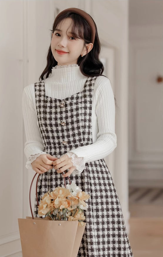 Gingham Tweed Pinafore Dress (Black Brown)
