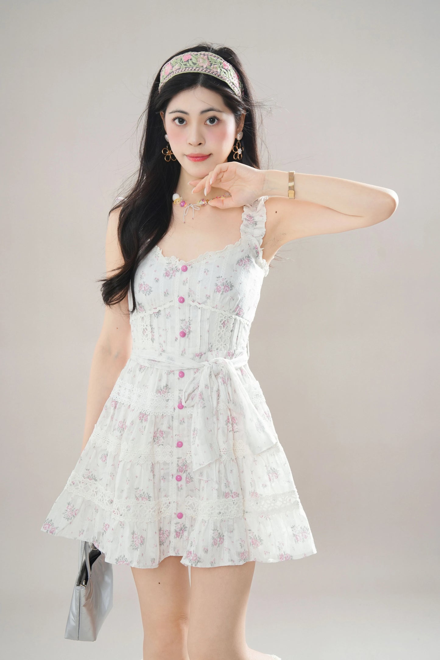Rose Lace Tiered Mini Dress (White)