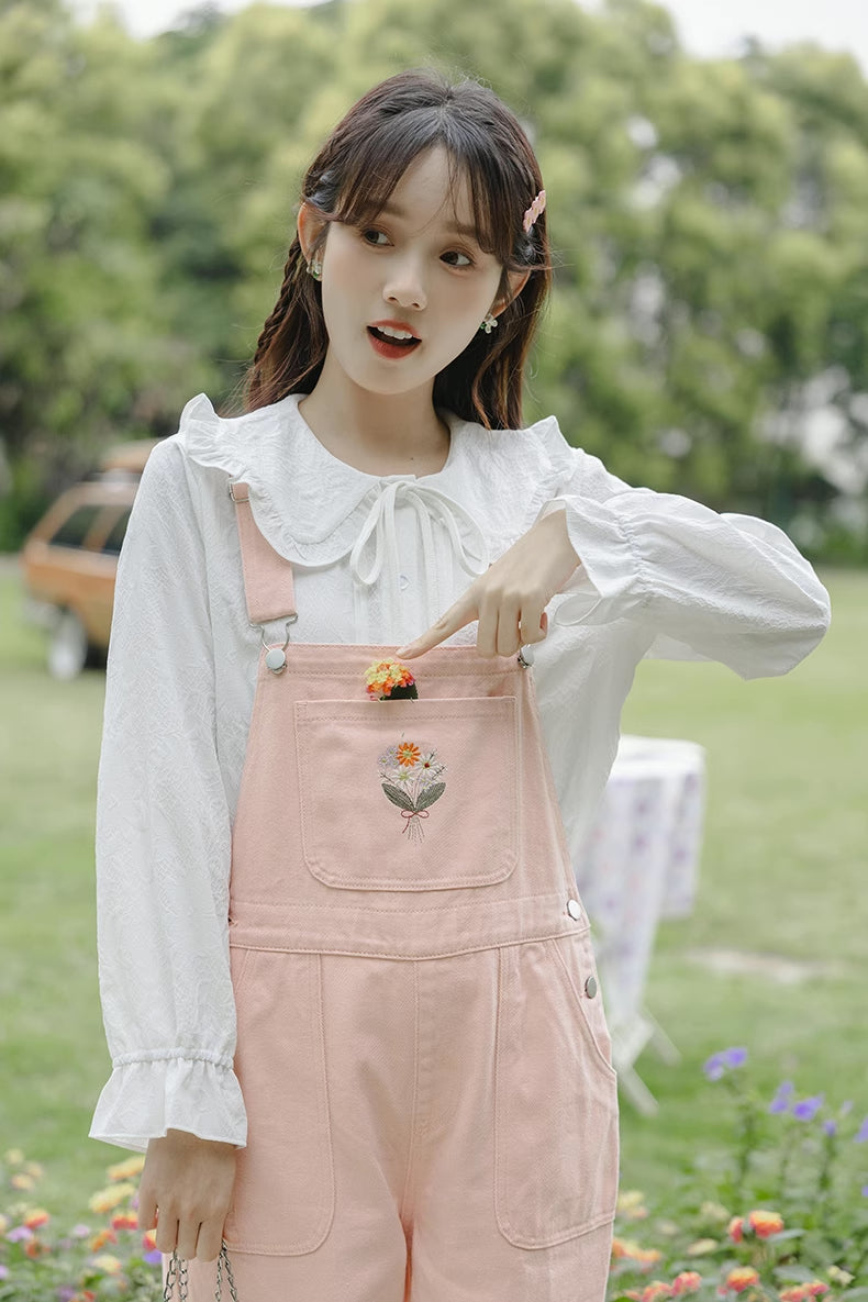 Flower Bouquet Embroidered Overalls (Pink)