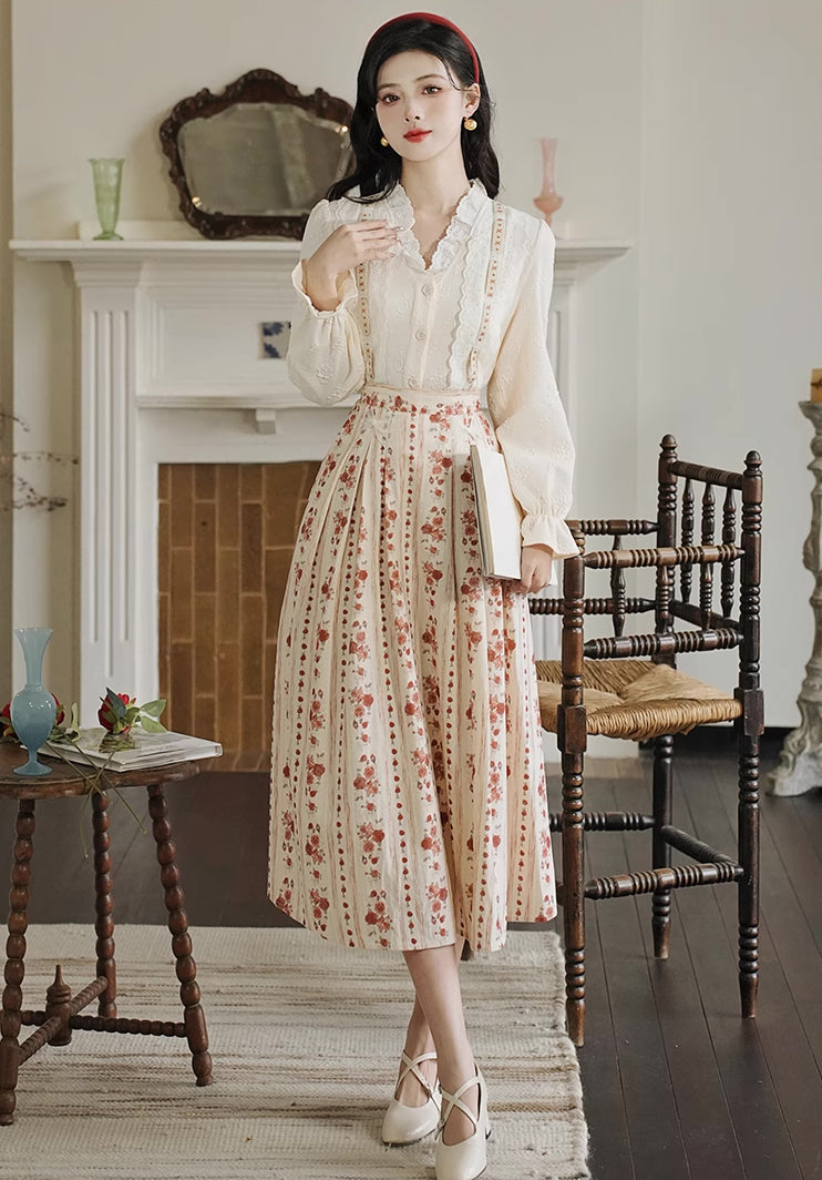 Rose Wallpaper Blouse & Skirt Set (Cream/Red)