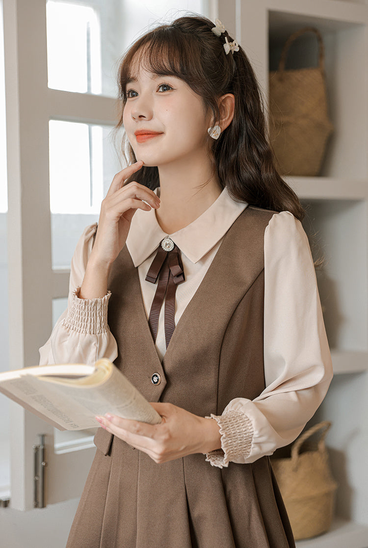 Journalist Waist Coat Dress (Brown)