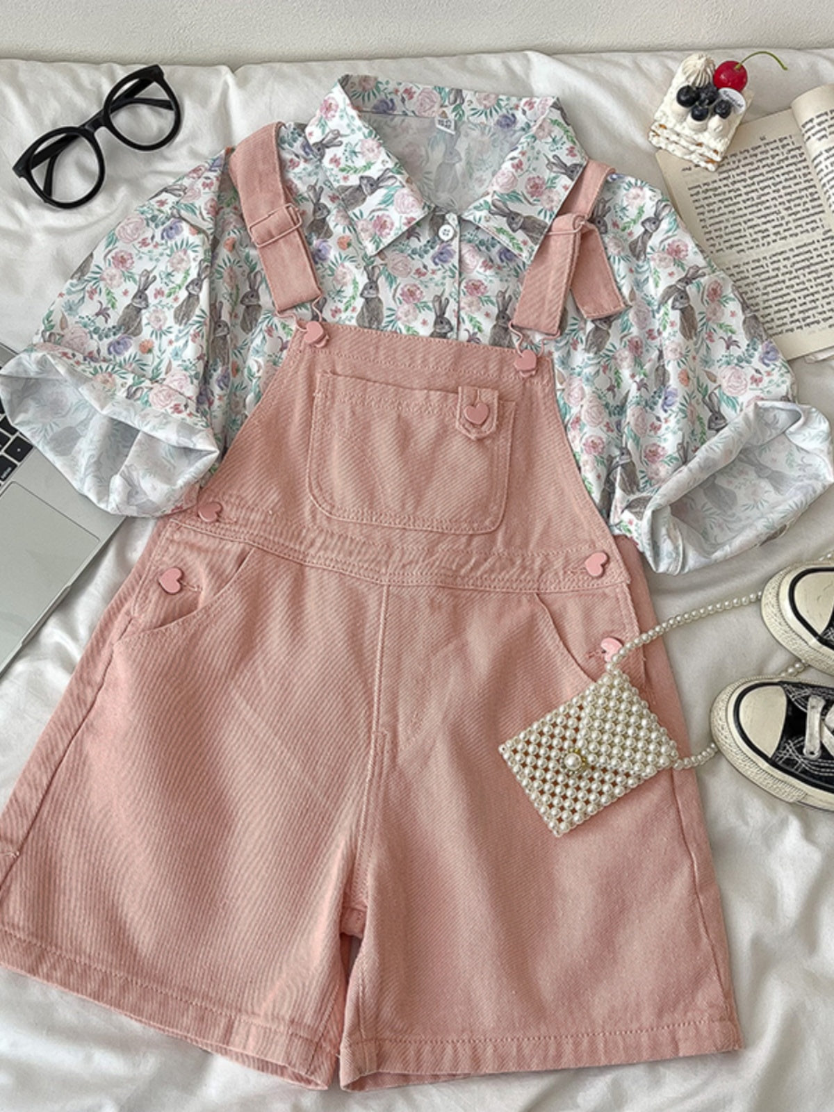 Sweet Heart Short Overalls (Pink)