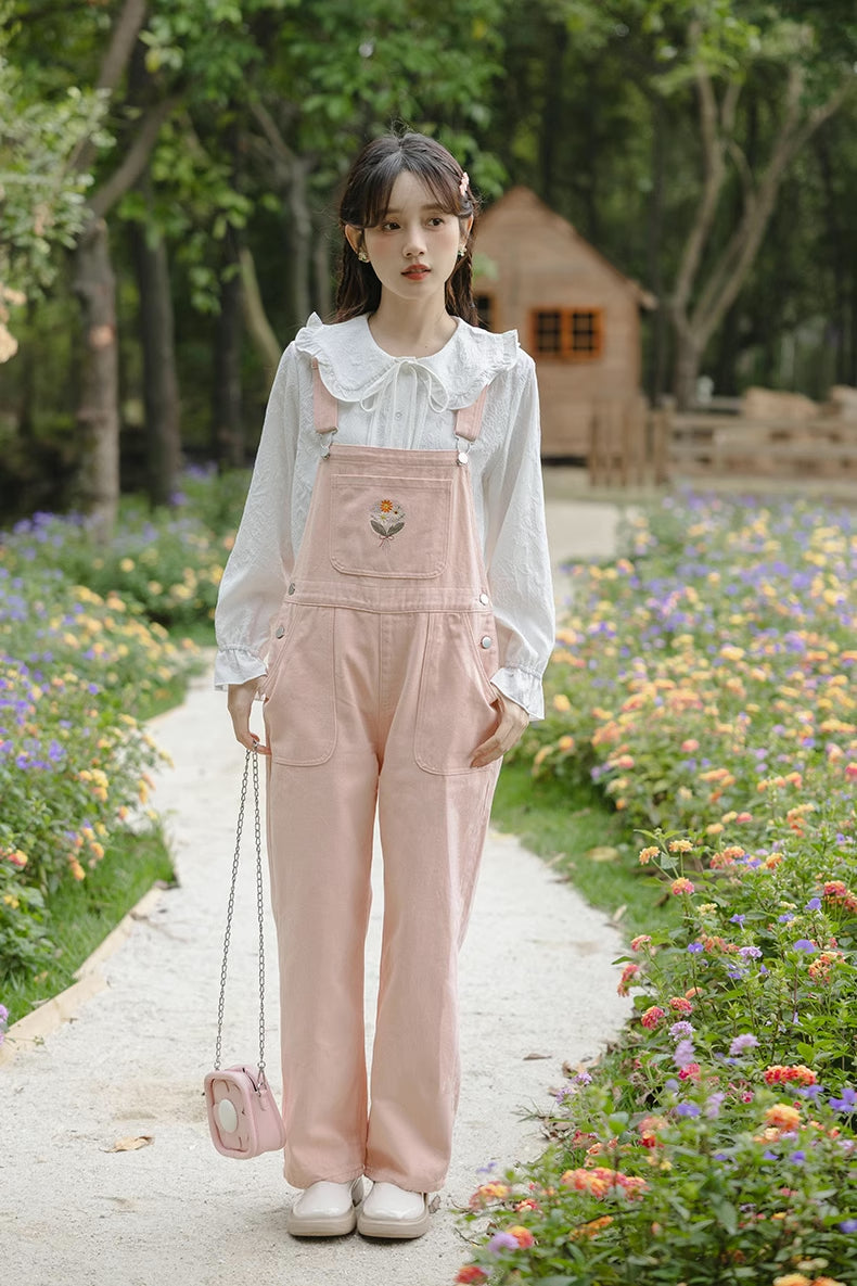 Flower Bouquet Embroidered Overalls (Pink)